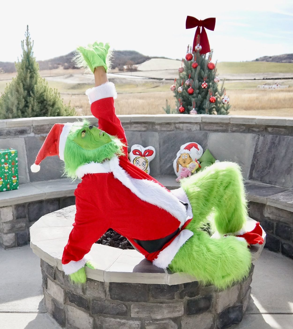 The Grinch lounging on the fire pit next to the Christmas tree